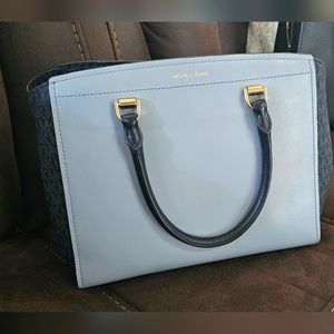 MICHAEL KORS Two Tone Blue Signature Coated Canvas and Leather Benning Satchel